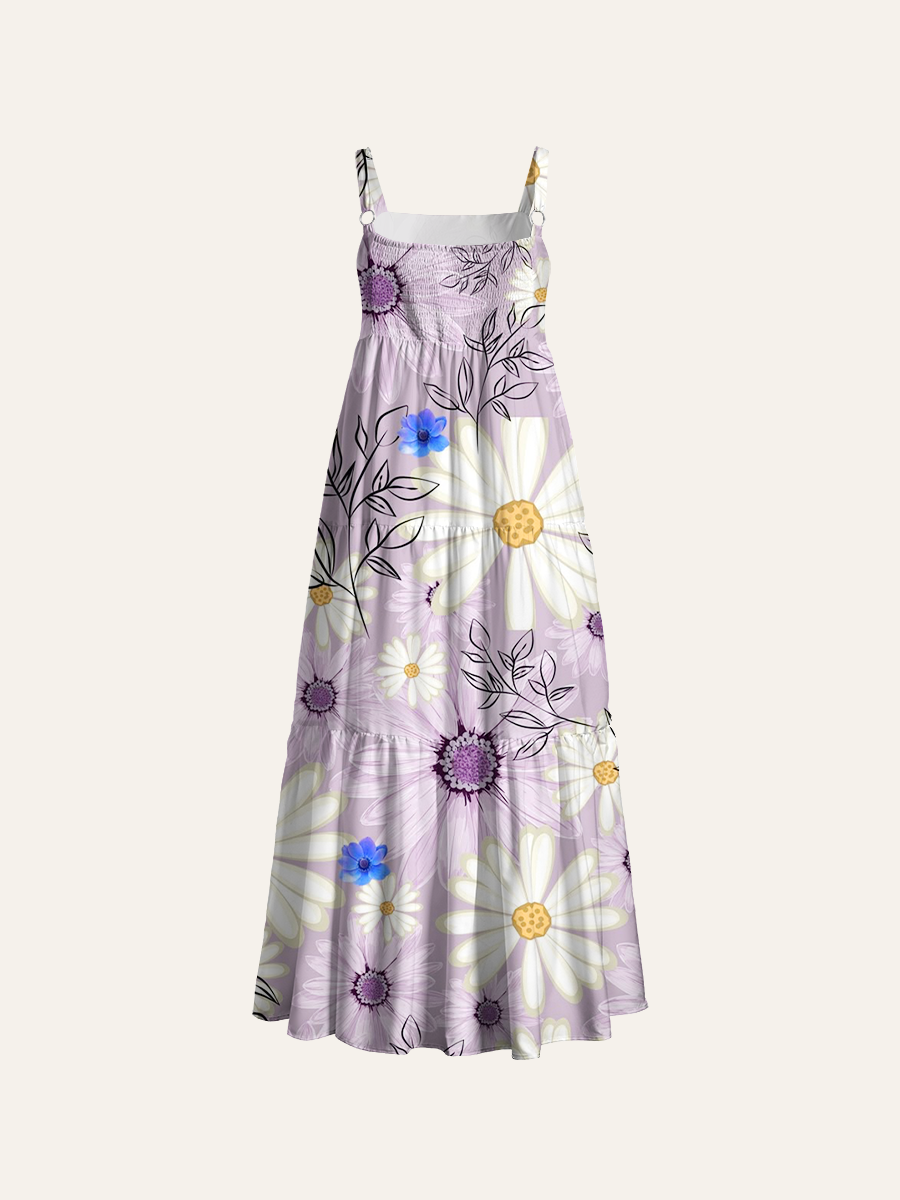 Cottagecore Lilac Daisy & Leaves Adjustable Wide Straps Maxi Dress