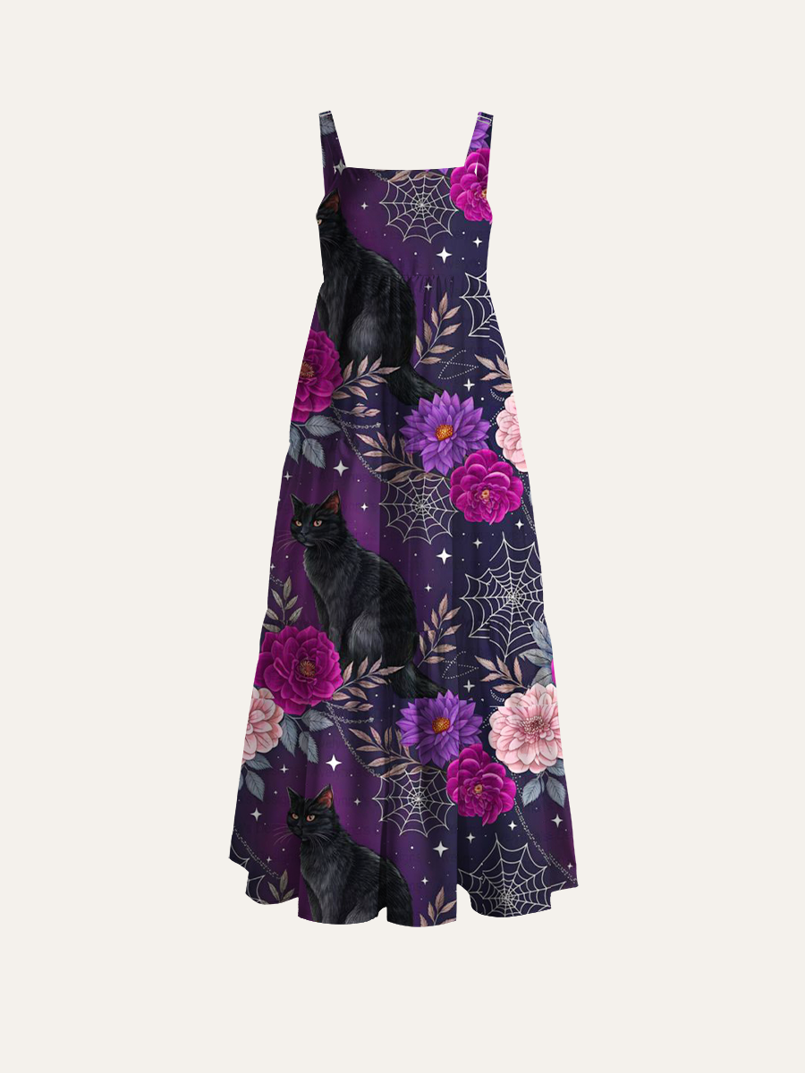 Celestial Black Cat with Roses Adjustable Wide Straps Maxi Dress
