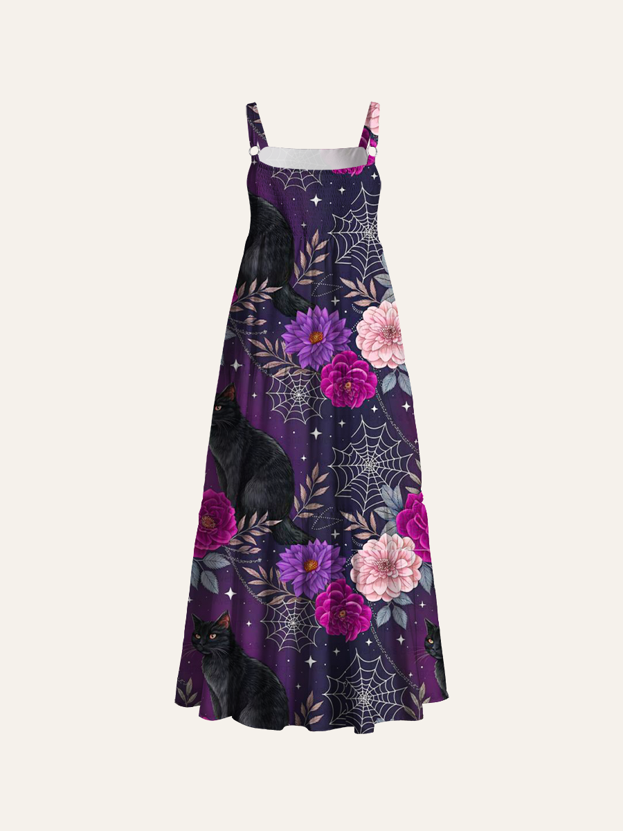 Celestial Black Cat with Roses Adjustable Wide Straps Maxi Dress