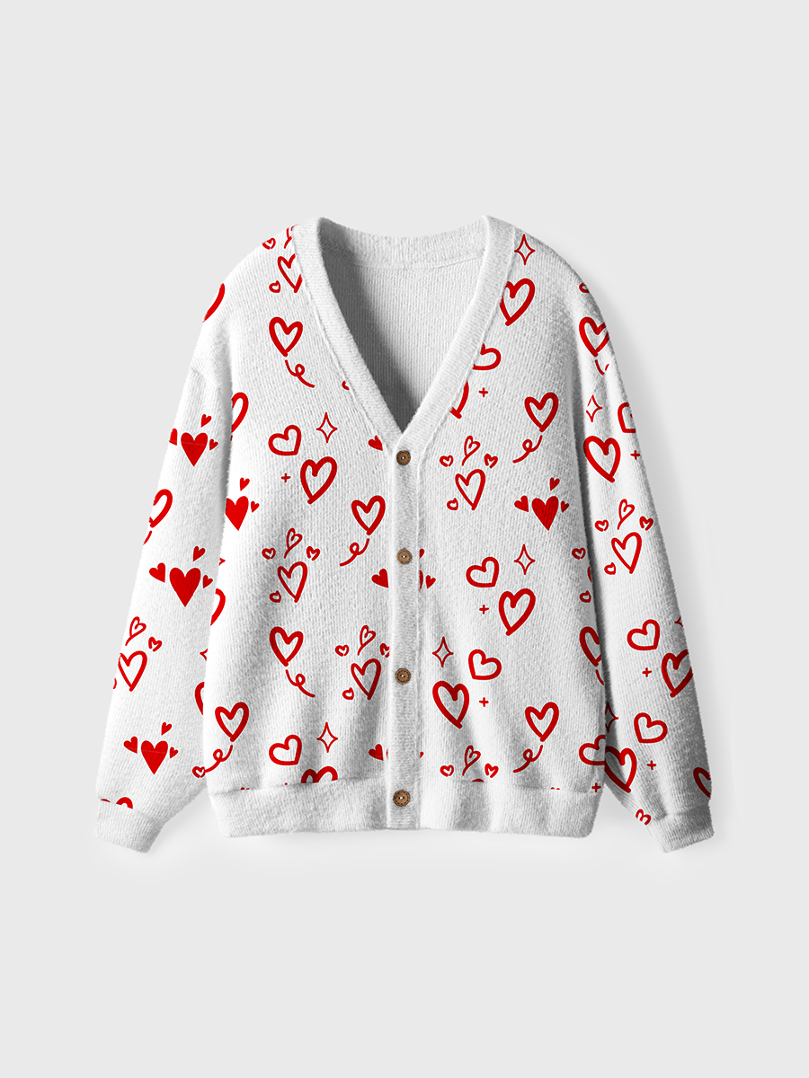 Vintage Red Heart Doodle Ugly Cardigan Sweaters