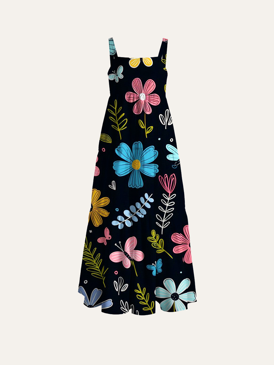 Whimsical Hand-Drawn Floral Butterfly Adjustable Wide Straps Maxi Dress