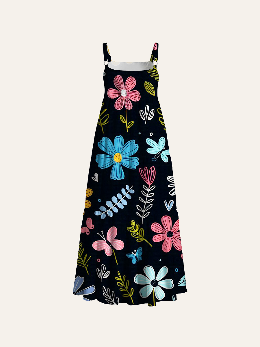 Whimsical Hand-Drawn Floral Butterfly Adjustable Wide Straps Maxi Dress