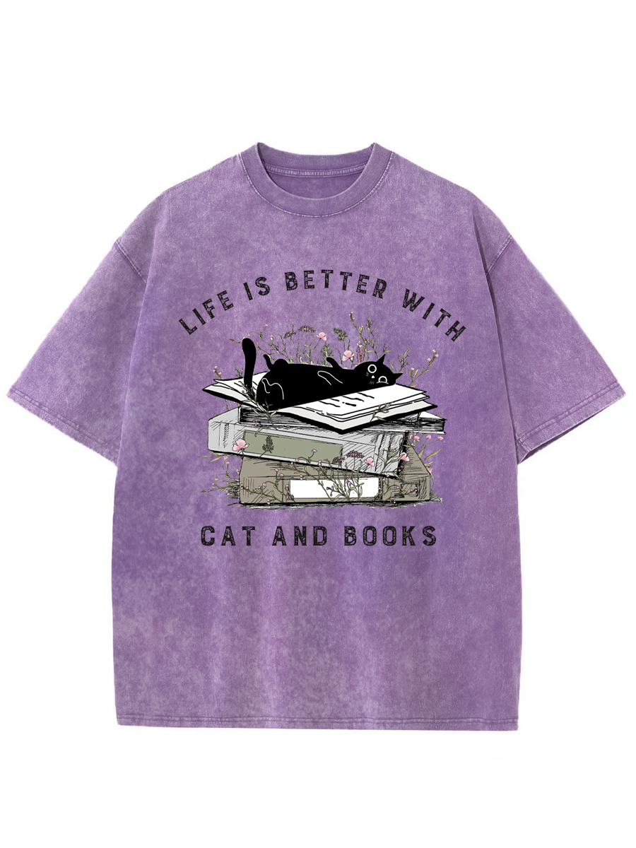 Vintage Floral Cat Books Washed T-Shirt