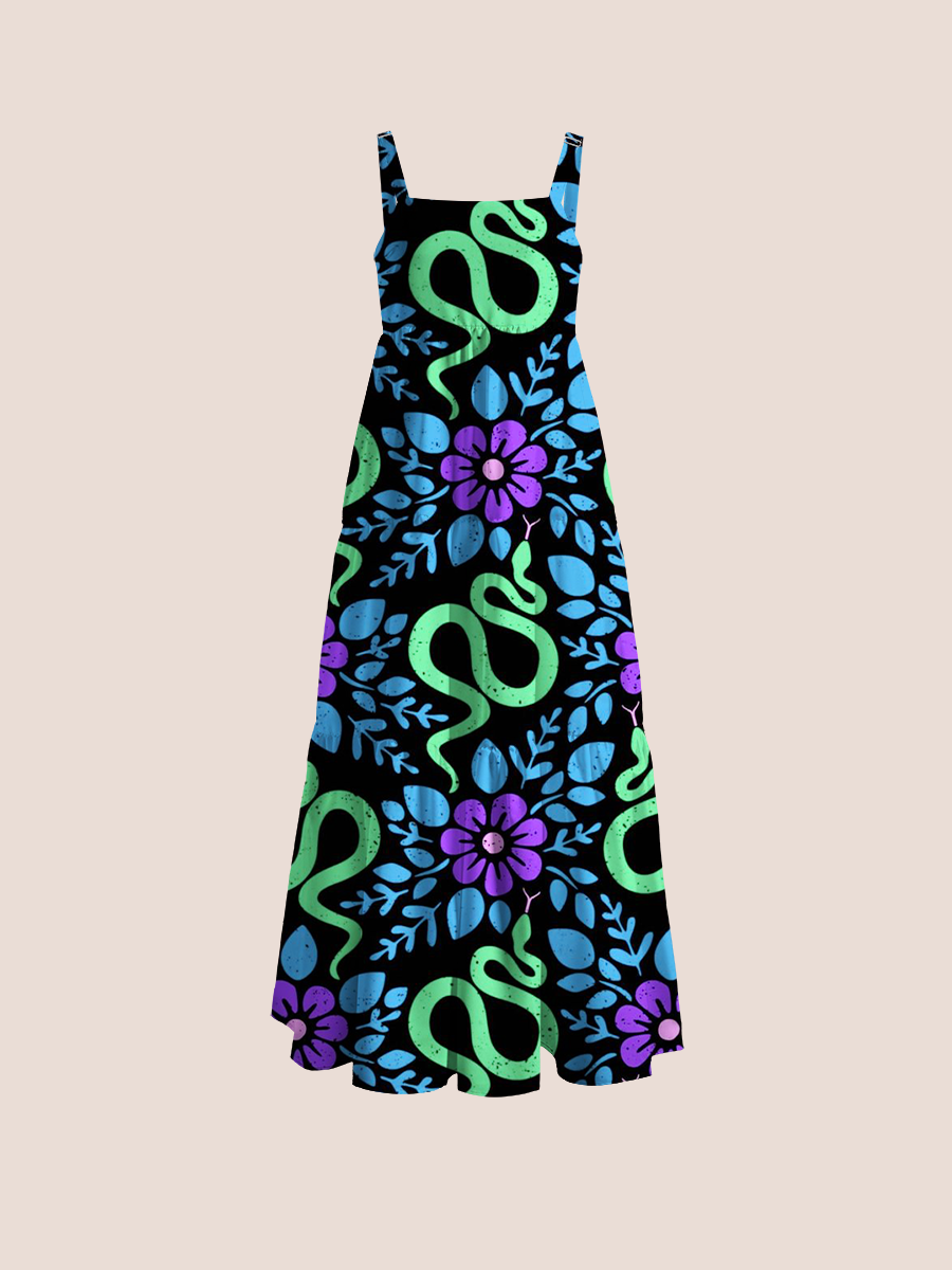 Boho Snake Floral Adjustable Wide Straps Maxi Dress