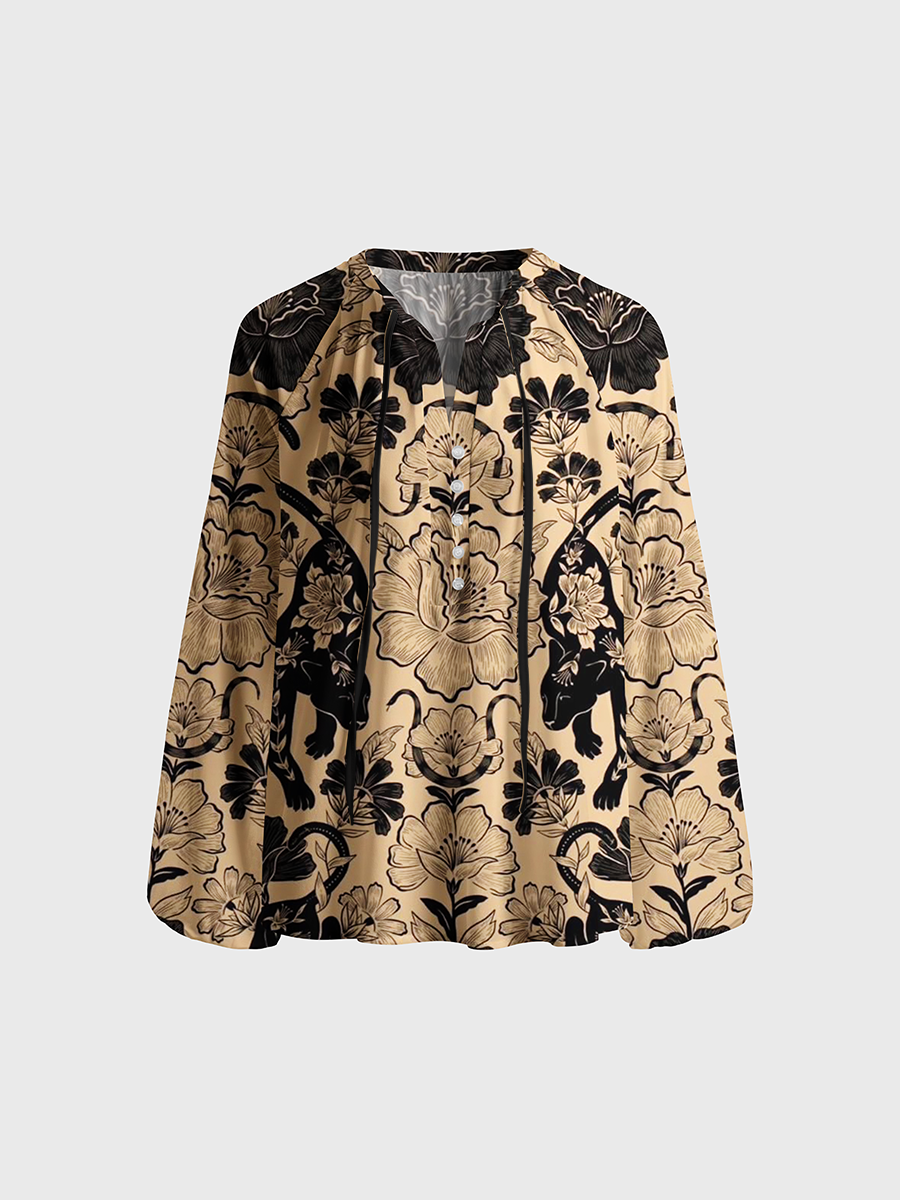 Wild Panther Garden Neck Tie Blouse