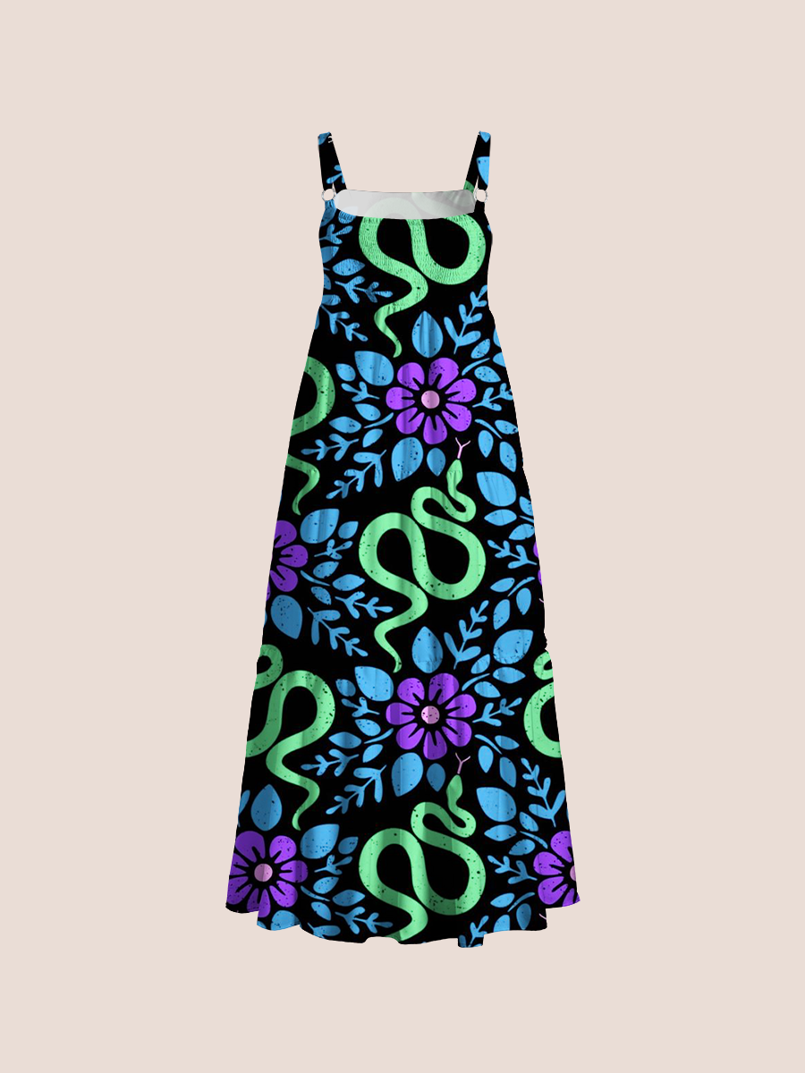 Boho Snake Floral Adjustable Wide Straps Maxi Dress