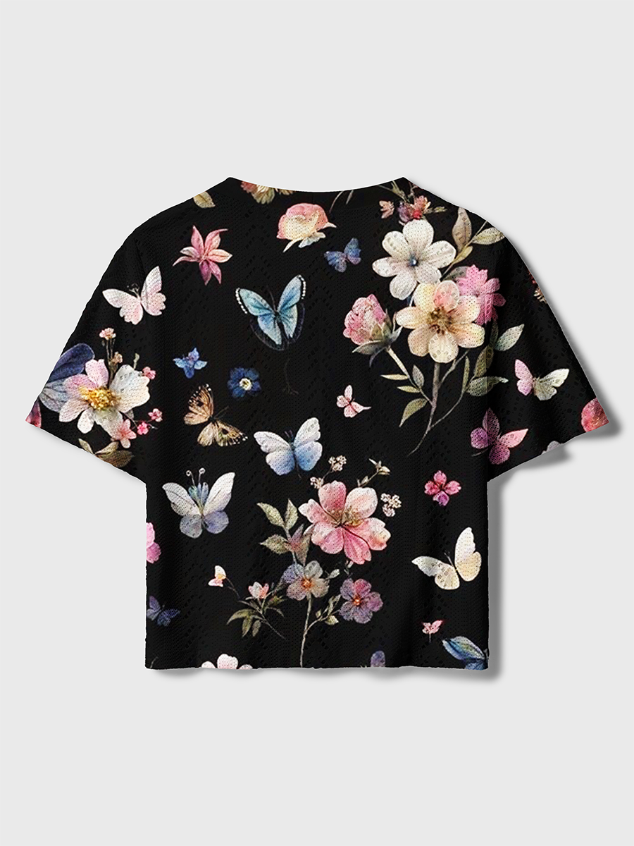 Nocturnal Butterfly Blooms Crochet Button Down Cardigan