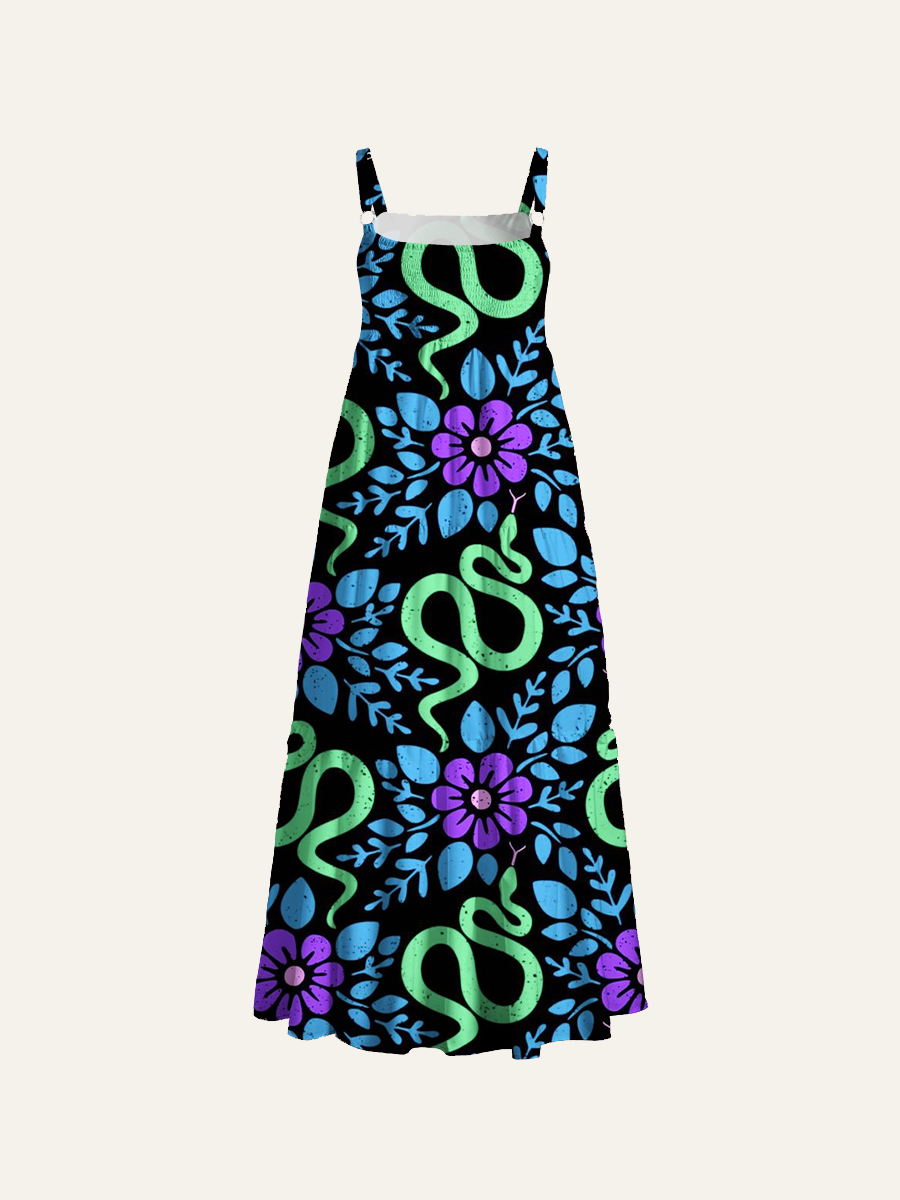 Boho Snake Floral Adjustable Wide Straps Maxi Dress