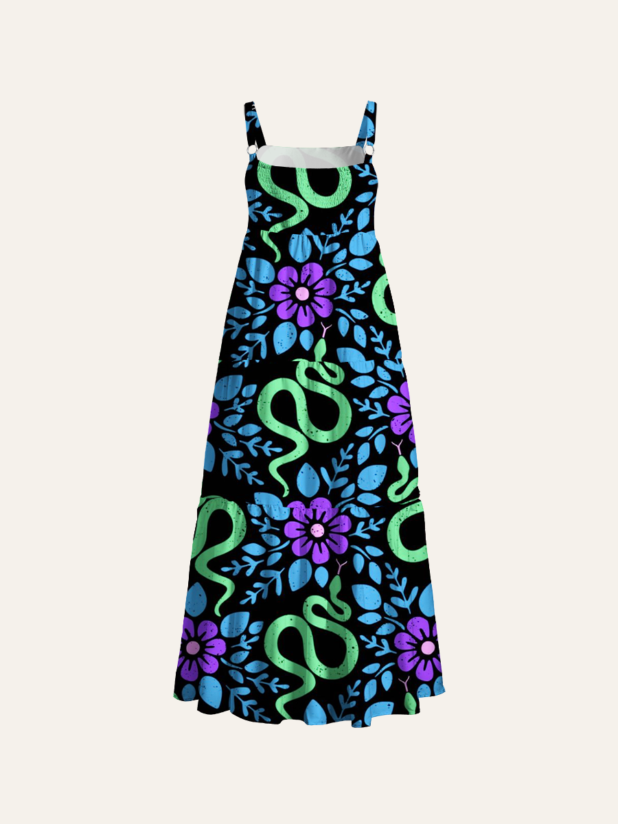 Boho Snake Floral Adjustable Wide Straps Maxi Dress