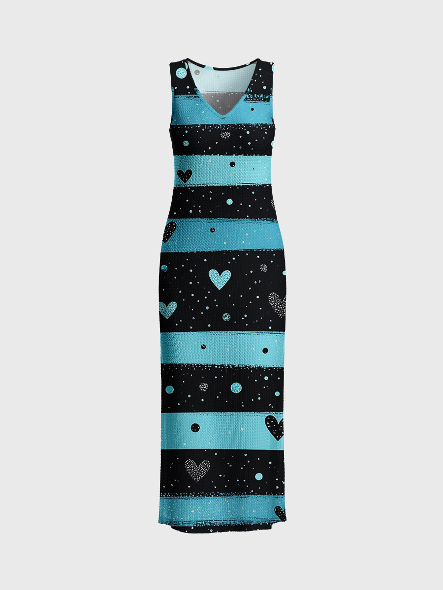 Glitter Heart Horizontal Stripe Open Stitch Midi Dress