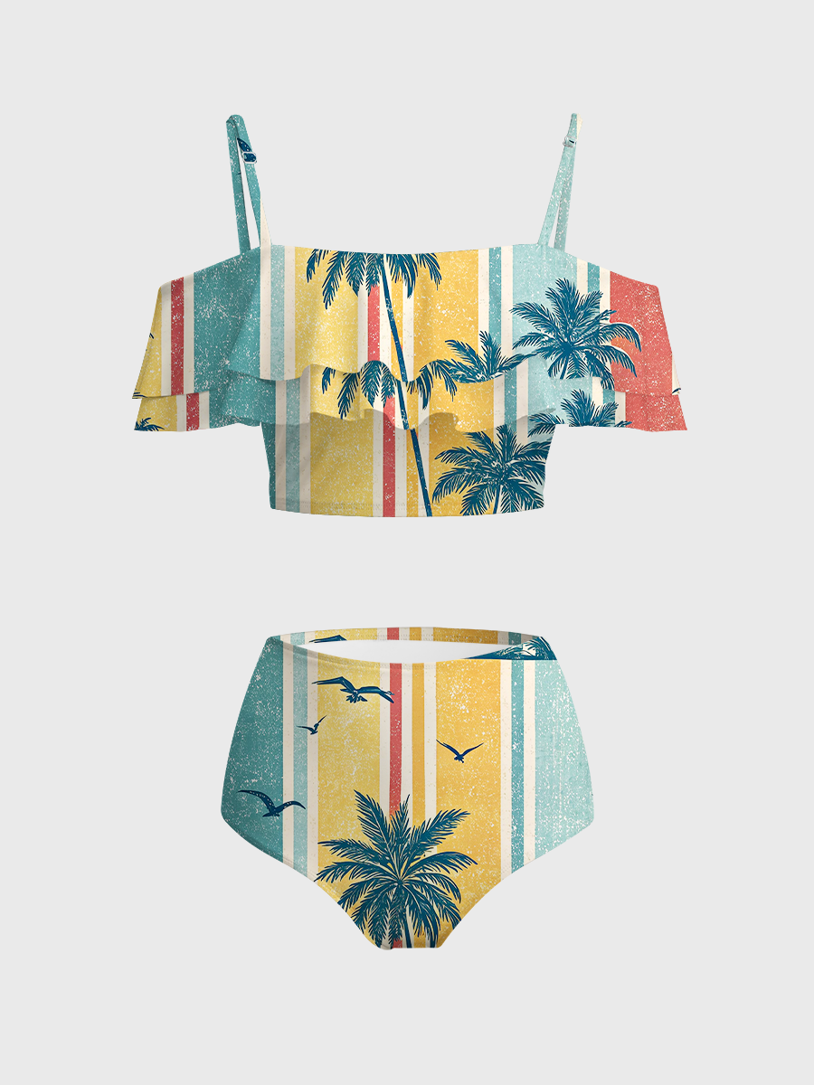 Vintage Summer Vacation Two Piece Ruffled Tankini Swimsuit
