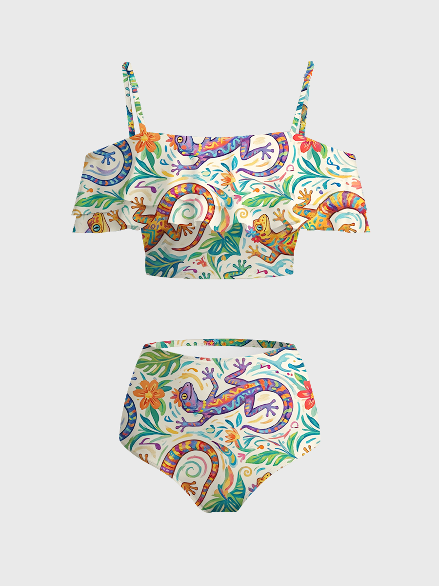 Vintage Colorful Dancing Gecko Lizard Two Piece Ruffled Tankini Swimsuit