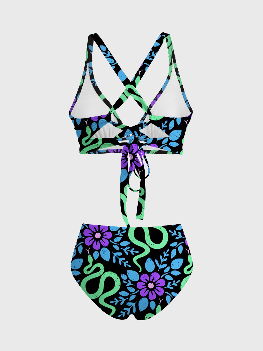 Vintage Boho Snake Floral Two Piece Ruffled Tankini Swimsuit