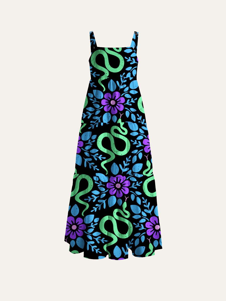 Boho Snake Floral Adjustable Wide Straps Maxi Dress