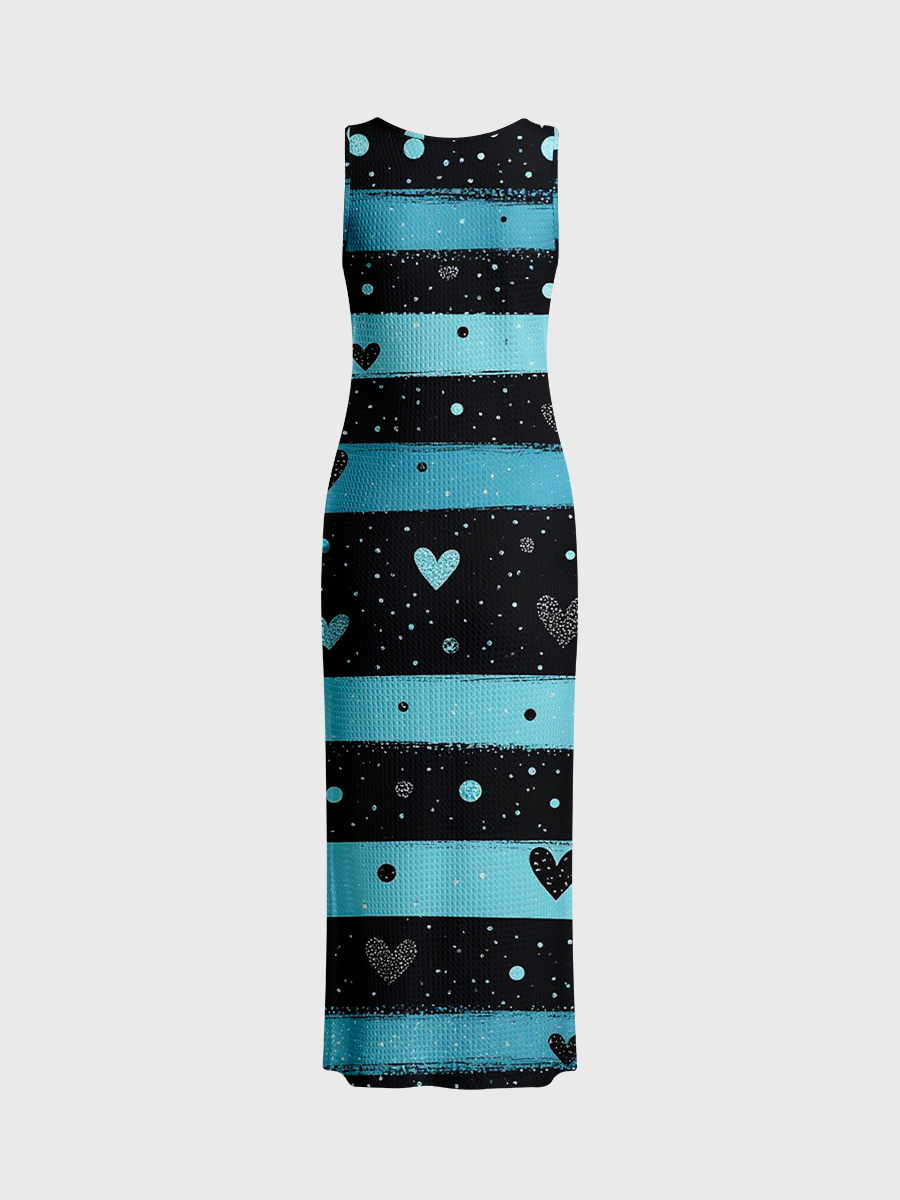 Glitter Heart Horizontal Stripe Open Stitch Midi Dress