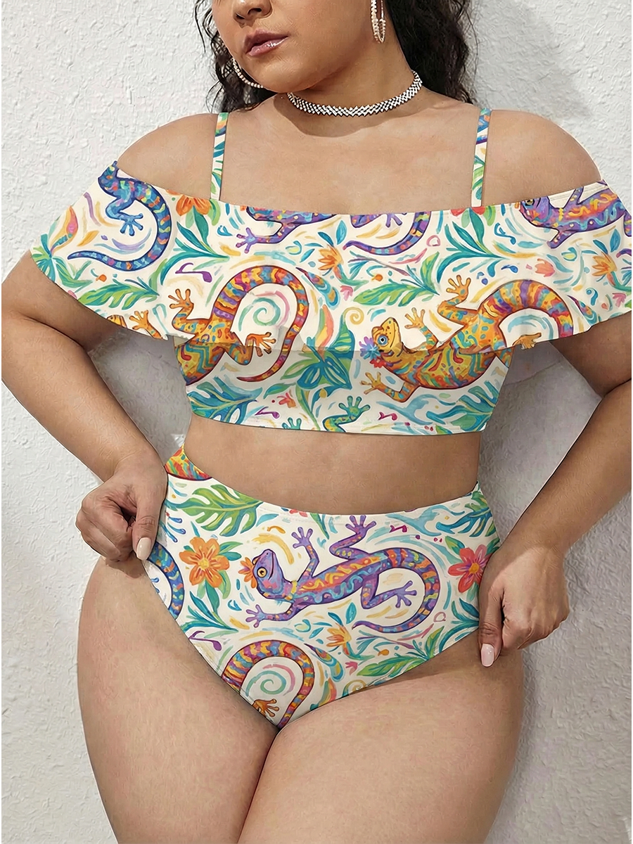 Vintage Colorful Dancing Gecko Lizard Two Piece Ruffled Tankini Swimsuit