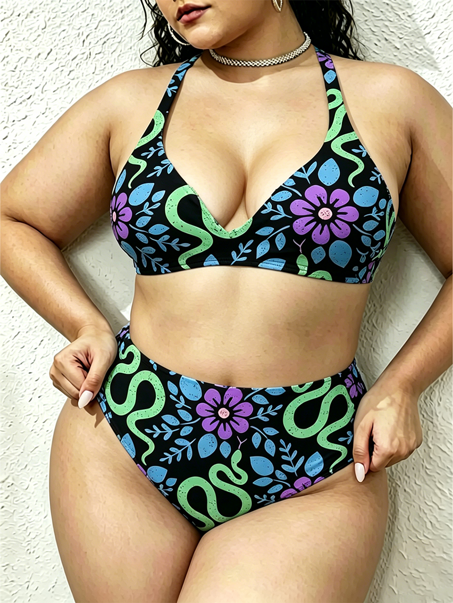 Vintage Boho Snake Floral Two Piece Ruffled Tankini Swimsuit
