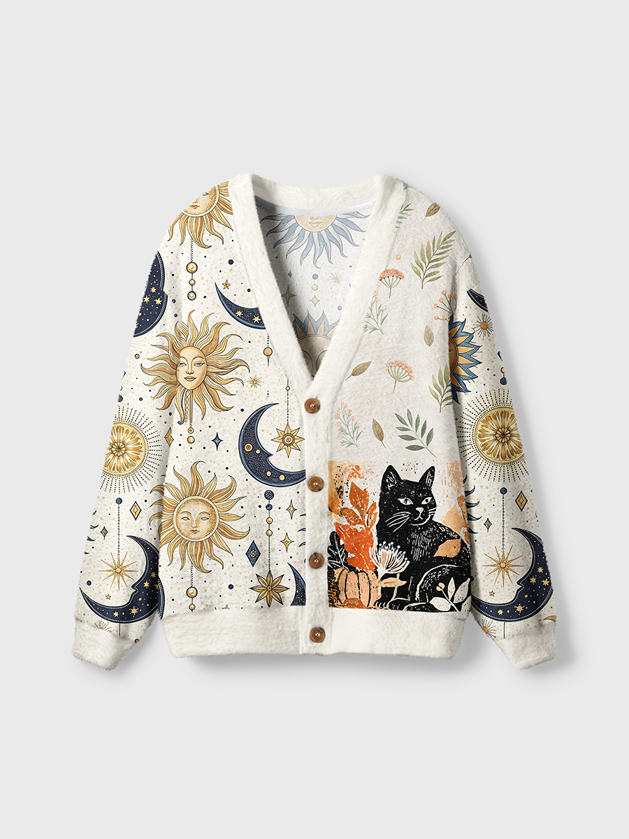 Vintage Black Cat Fall Leaves Cardigan Sweaters