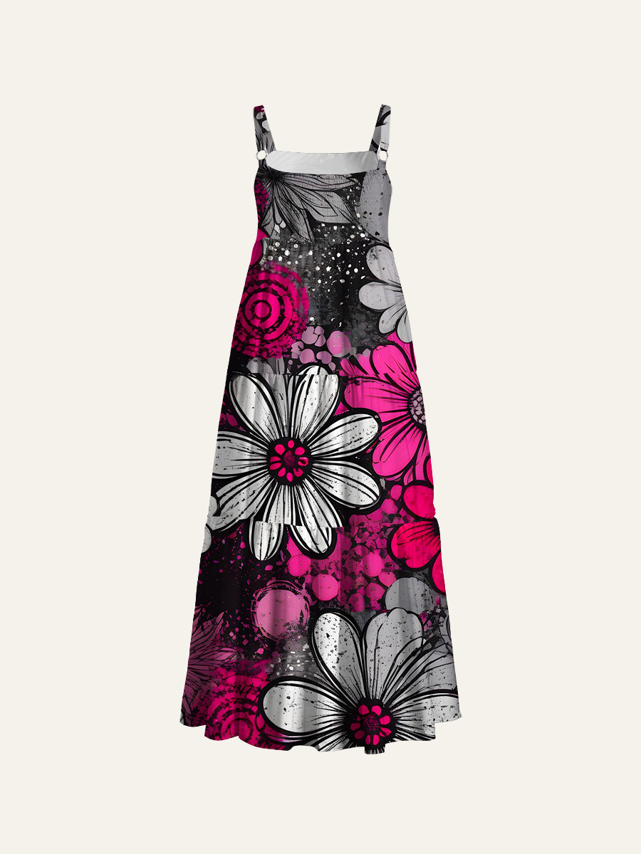 Vibrant Magenta Grunge Flower Adjustable Wide Straps Maxi Dress