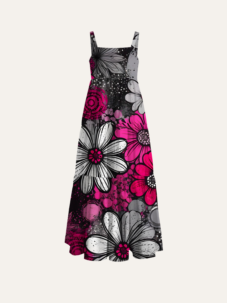 Vibrant Magenta Grunge Flower Adjustable Wide Straps Maxi Dress