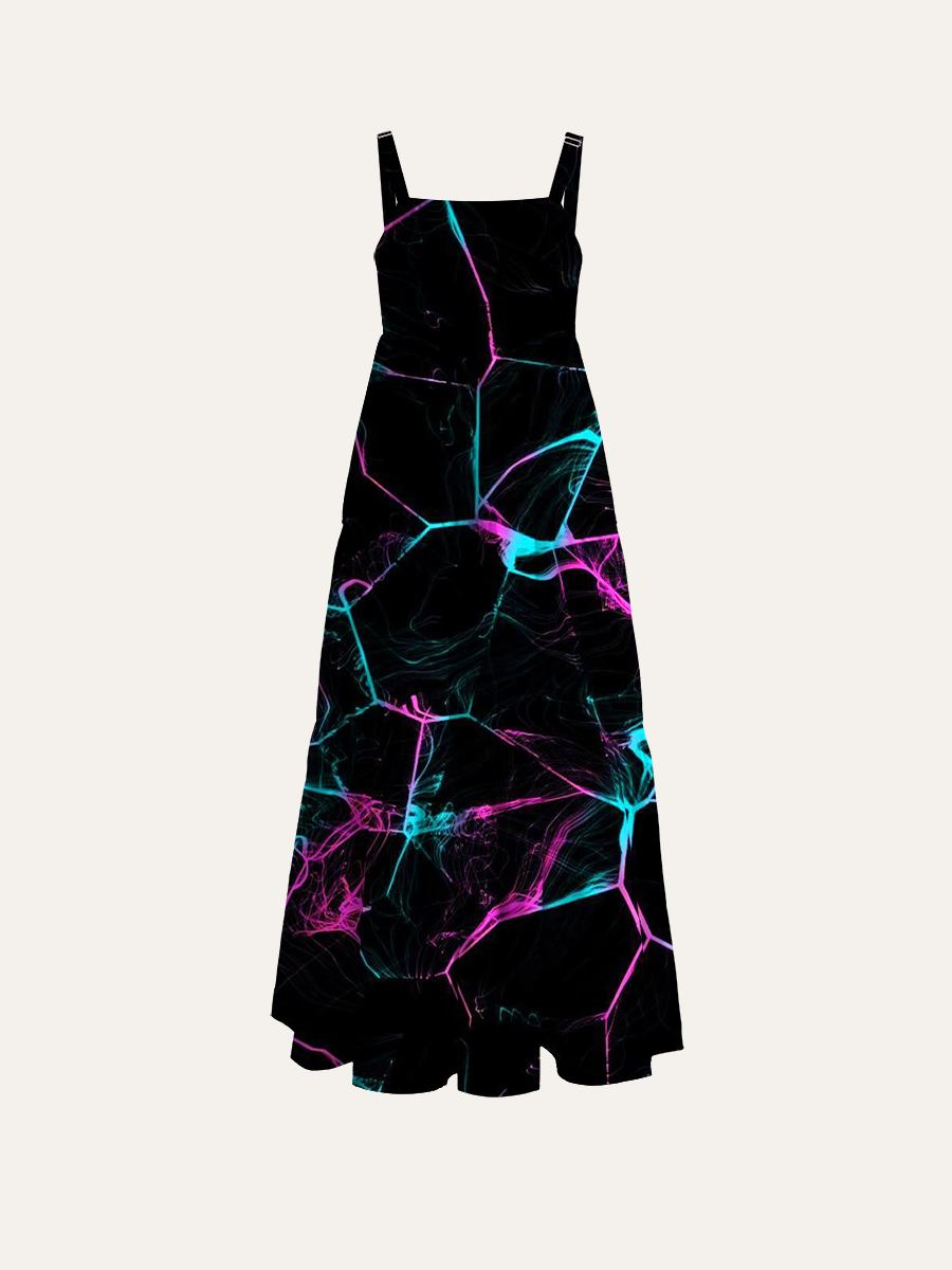 Neon Crackle Black Background Adjustable Wide Straps Maxi Dress