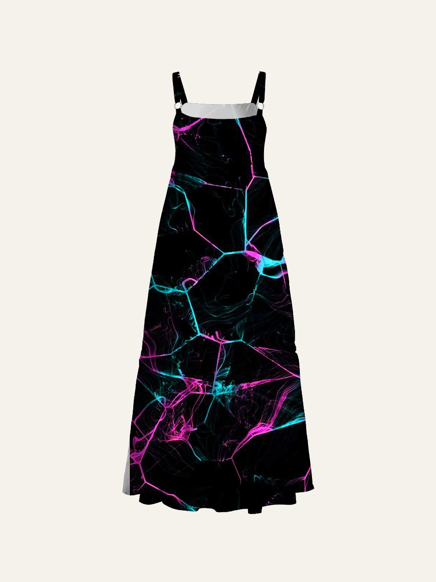 Neon Crackle Black Background Adjustable Wide Straps Maxi Dress