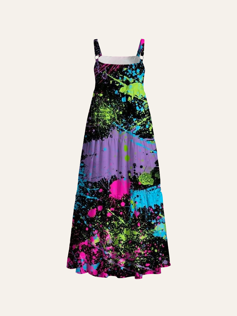 90s Retro Multicolor Splatter Adjustable Wide Straps Maxi Dress