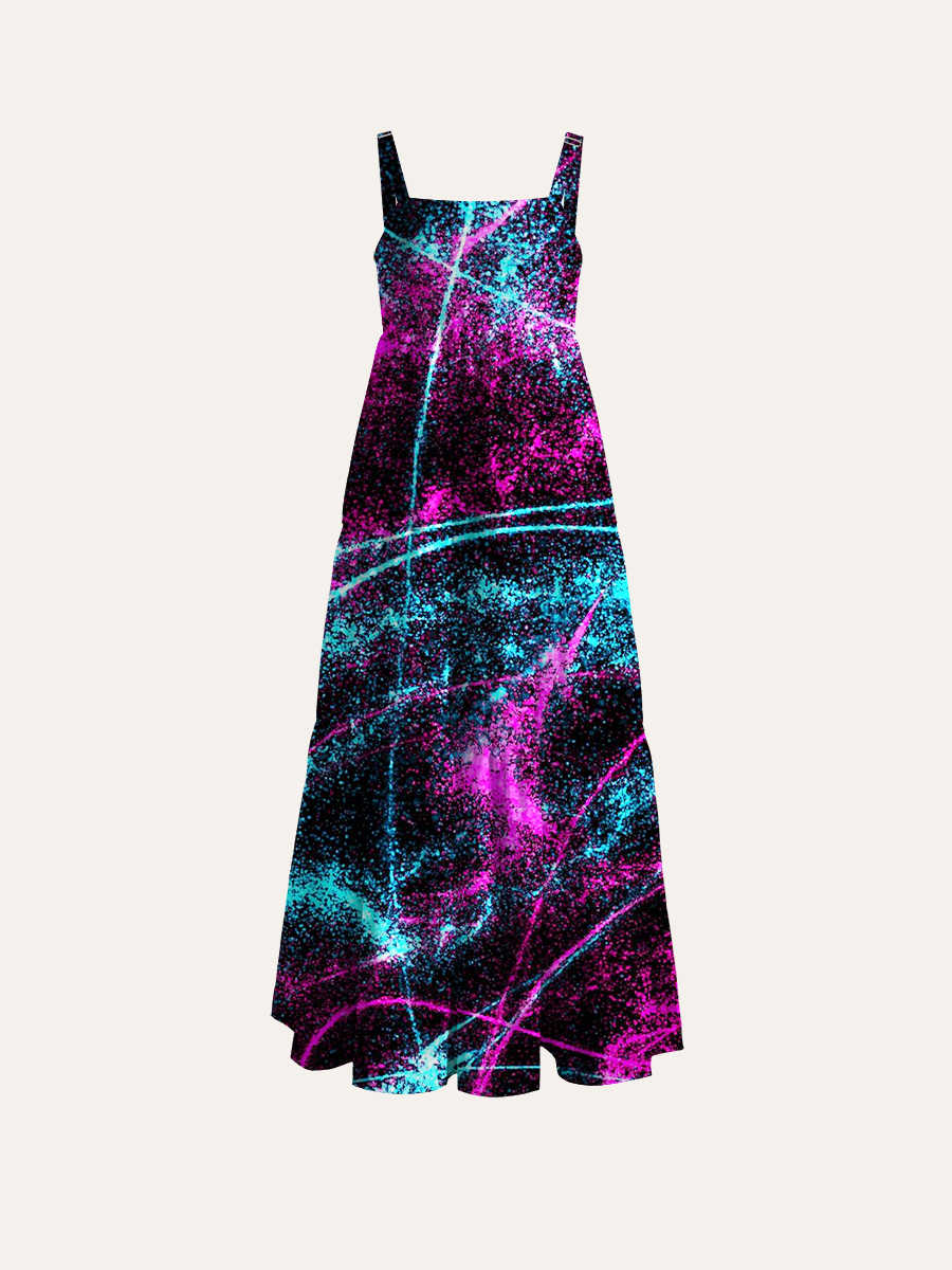 Vaporwave Neon Abstract Swirly Line Adjustable Wide Straps Maxi Dress