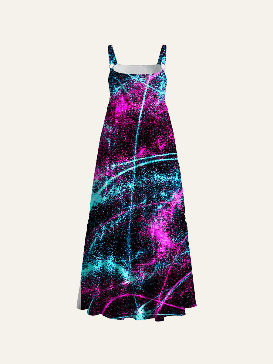 Vaporwave Neon Abstract Swirly Line Adjustable Wide Straps Maxi Dress