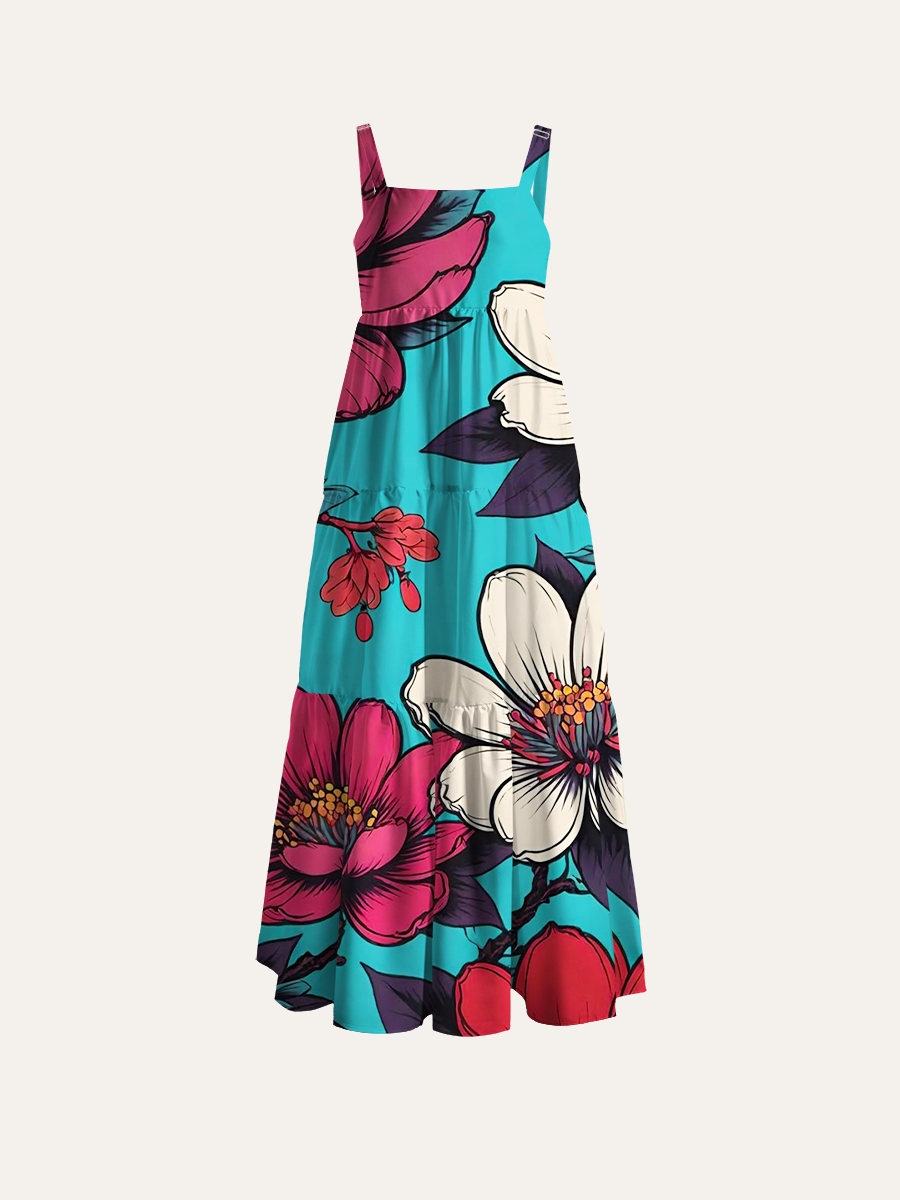 Boho Floral Adjustable Wide Straps Maxi Dress