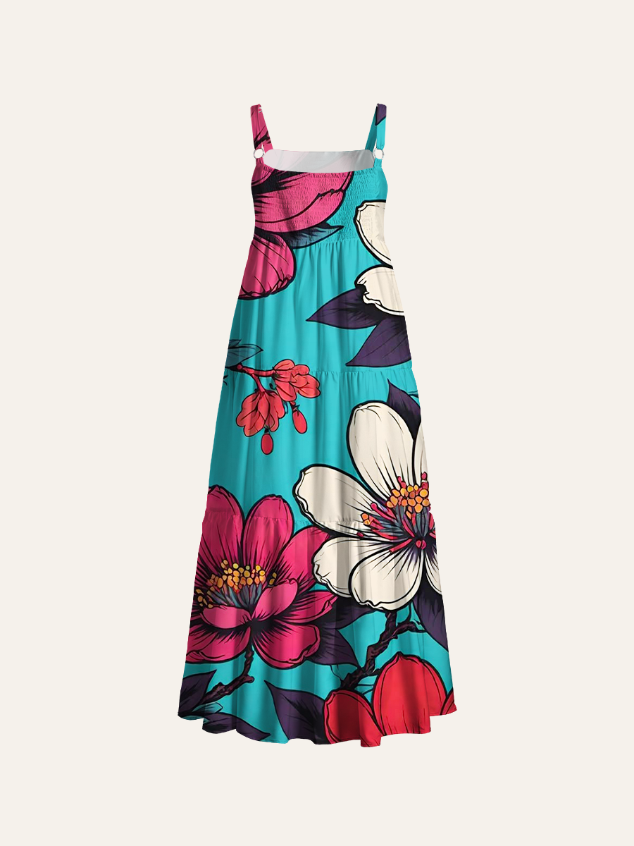 Boho Floral Adjustable Wide Straps Maxi Dress