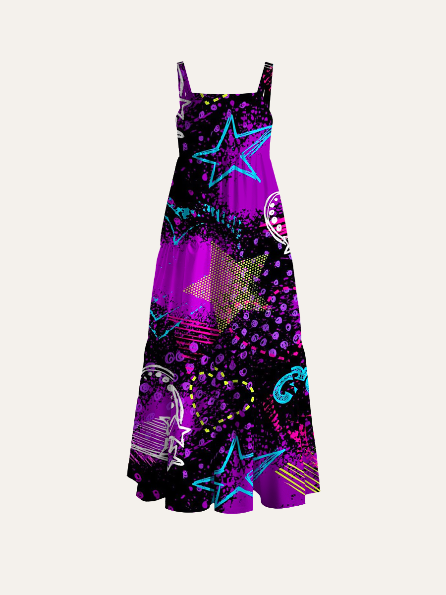 Doodle Star & Heart Adjustable Wide Straps Maxi Dress