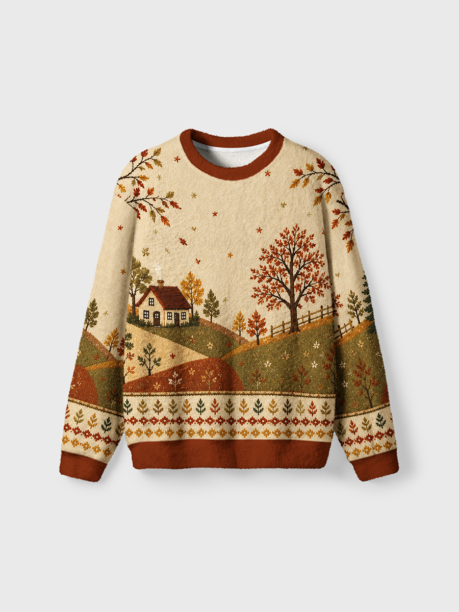 Vintage Rural Autumn Cottage Cross‑Stitch Ugly Sweater
