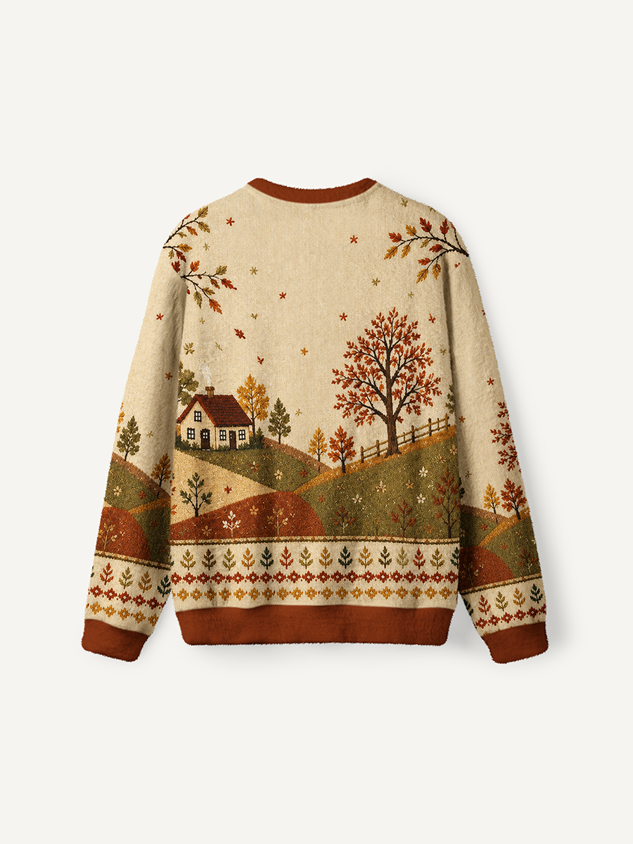 Vintage Rural Autumn Cottage Cross‑Stitch Ugly Sweater