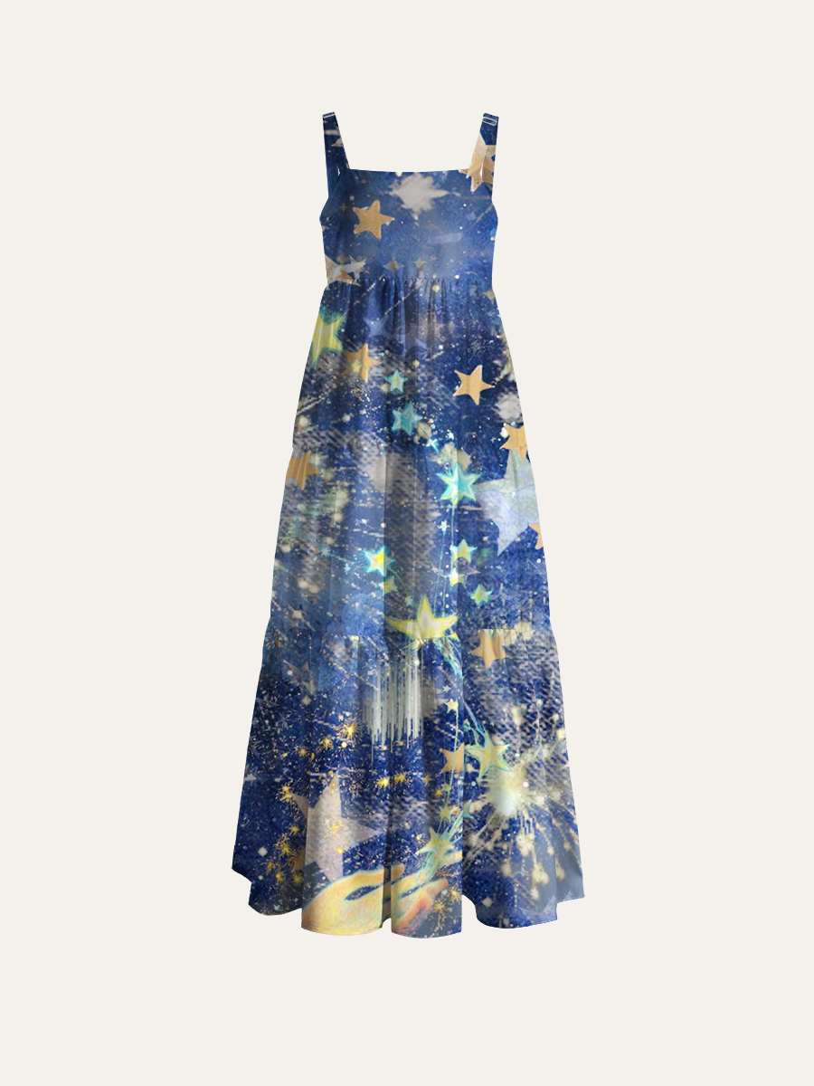 Watercolor Star Adjustable Wide Straps Maxi Dress