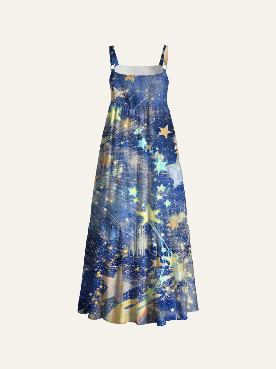 Watercolor Star Adjustable Wide Straps Maxi Dress