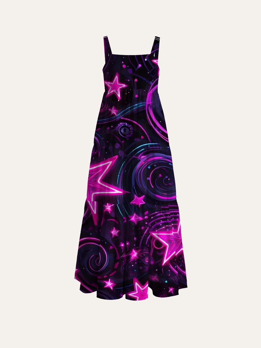 Neon Star Swirl Adjustable Wide Straps Maxi Dress