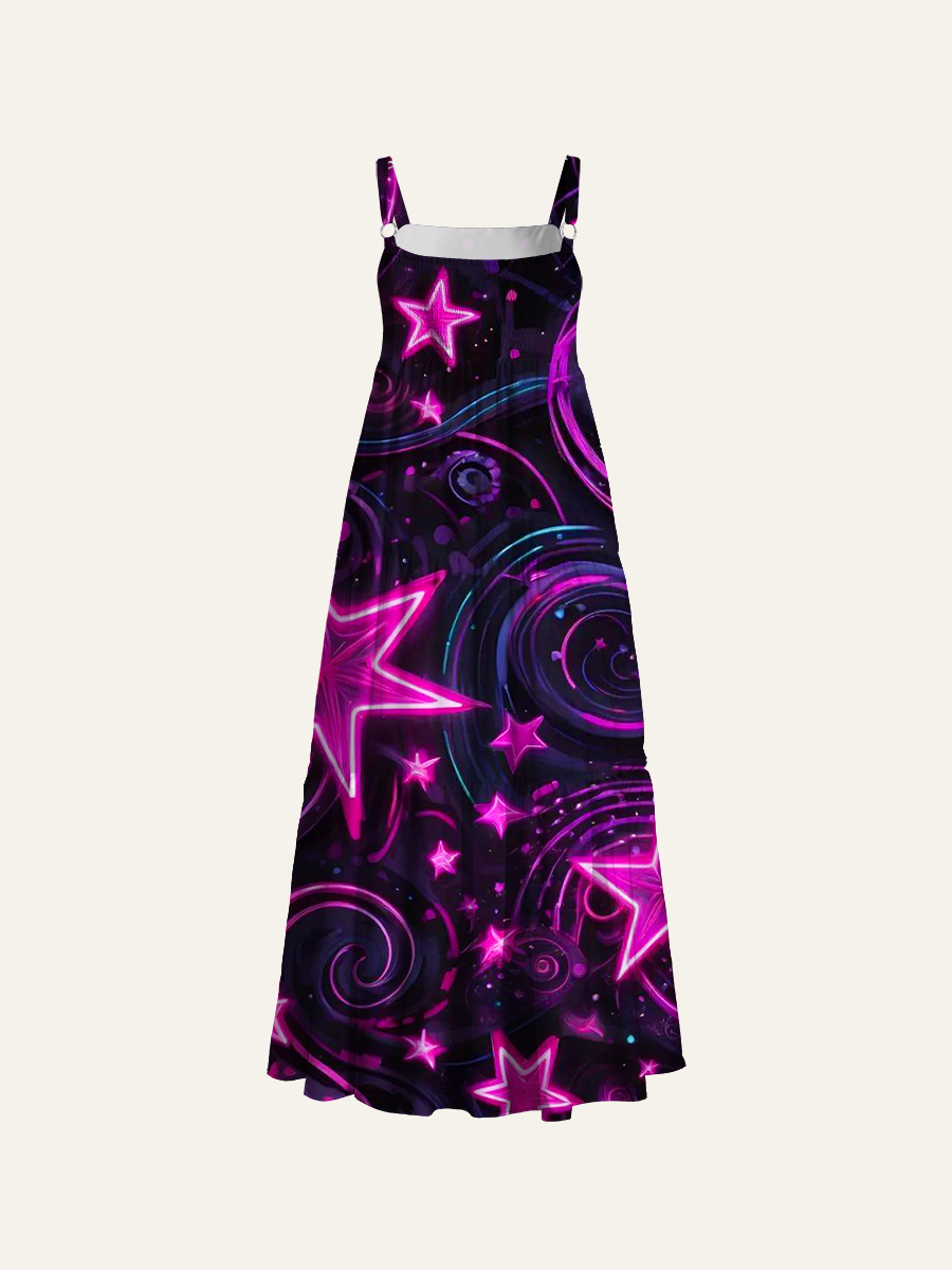 Neon Star Swirl Adjustable Wide Straps Maxi Dress
