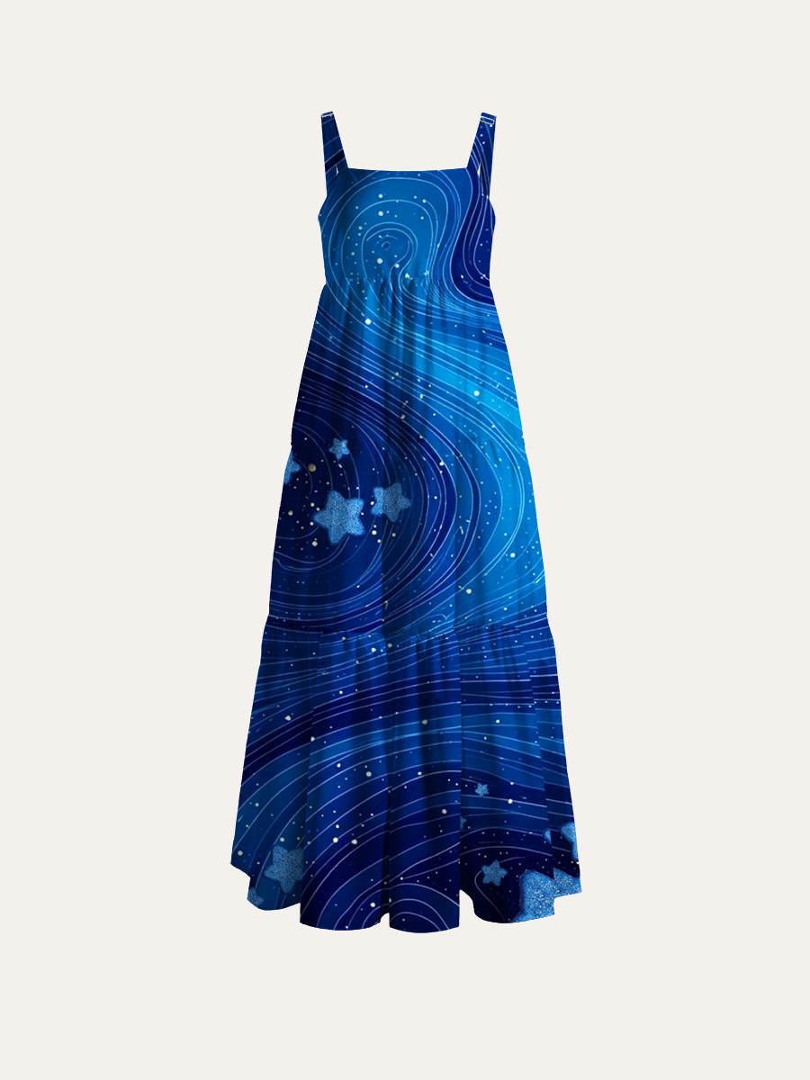 Glitter Star Swirl Adjustable Wide Straps Maxi Dress