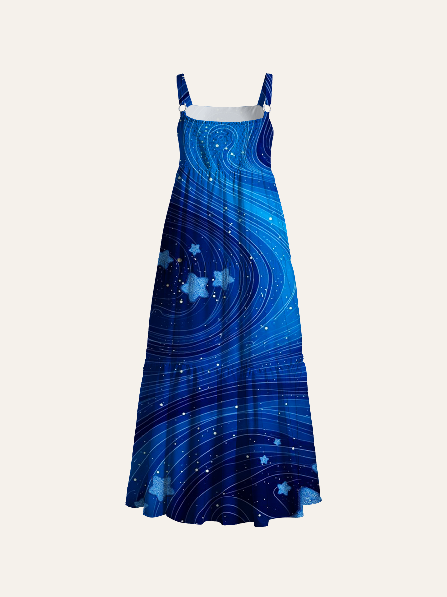 Glitter Star Swirl Adjustable Wide Straps Maxi Dress