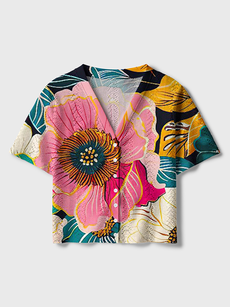 Vibrant Tropical Blooms Crochet Button Down Cardigan