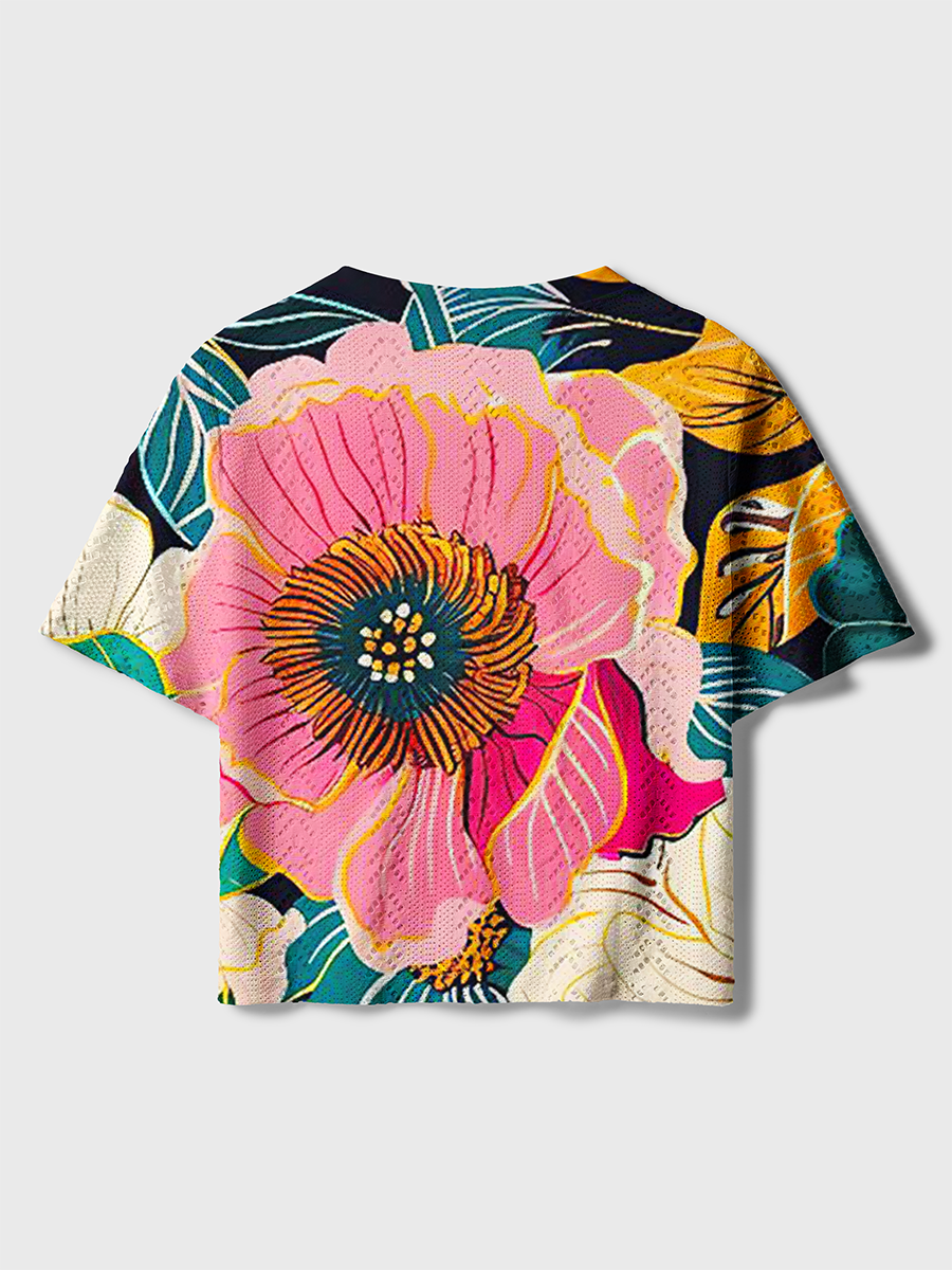 Vibrant Tropical Blooms Crochet Button Down Cardigan