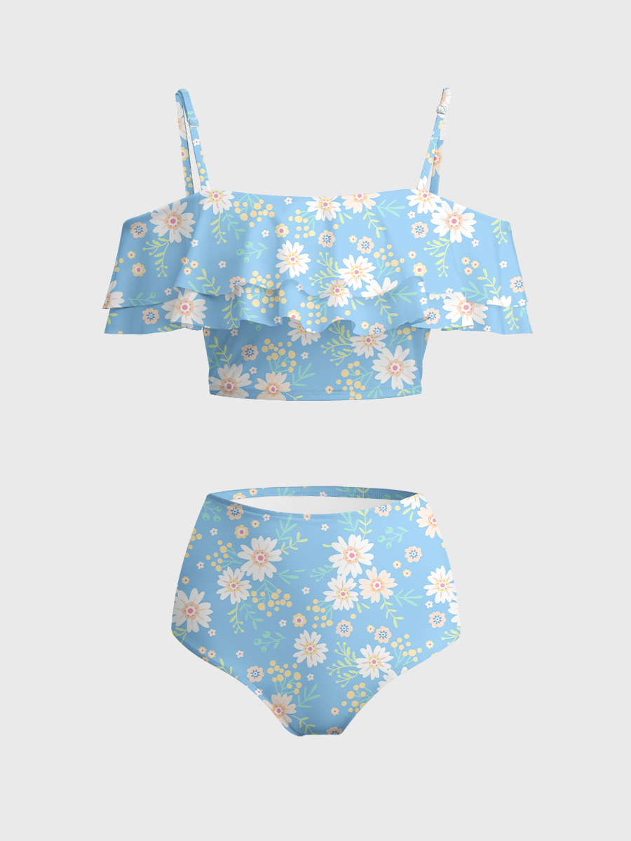 Vintage Blue And White Flower Two Piece Ruffled Tankini Swimsuit