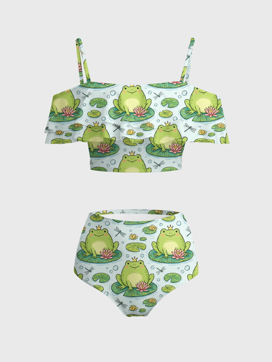 Vintage Happy Frog Sitting On Lily Pad Two Piece Ruffled Tankini Swimsuit