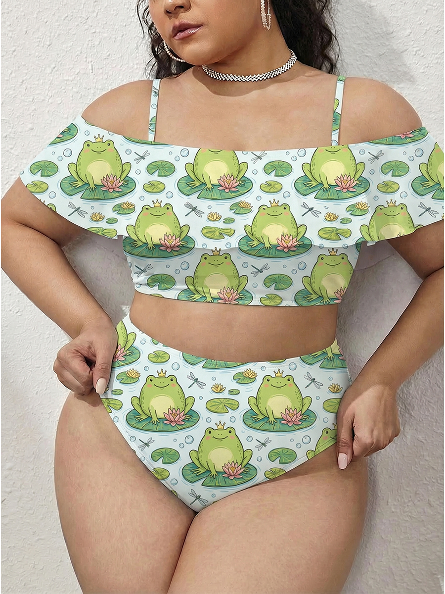 Vintage Happy Frog Sitting On Lily Pad Two Piece Ruffled Tankini Swimsuit