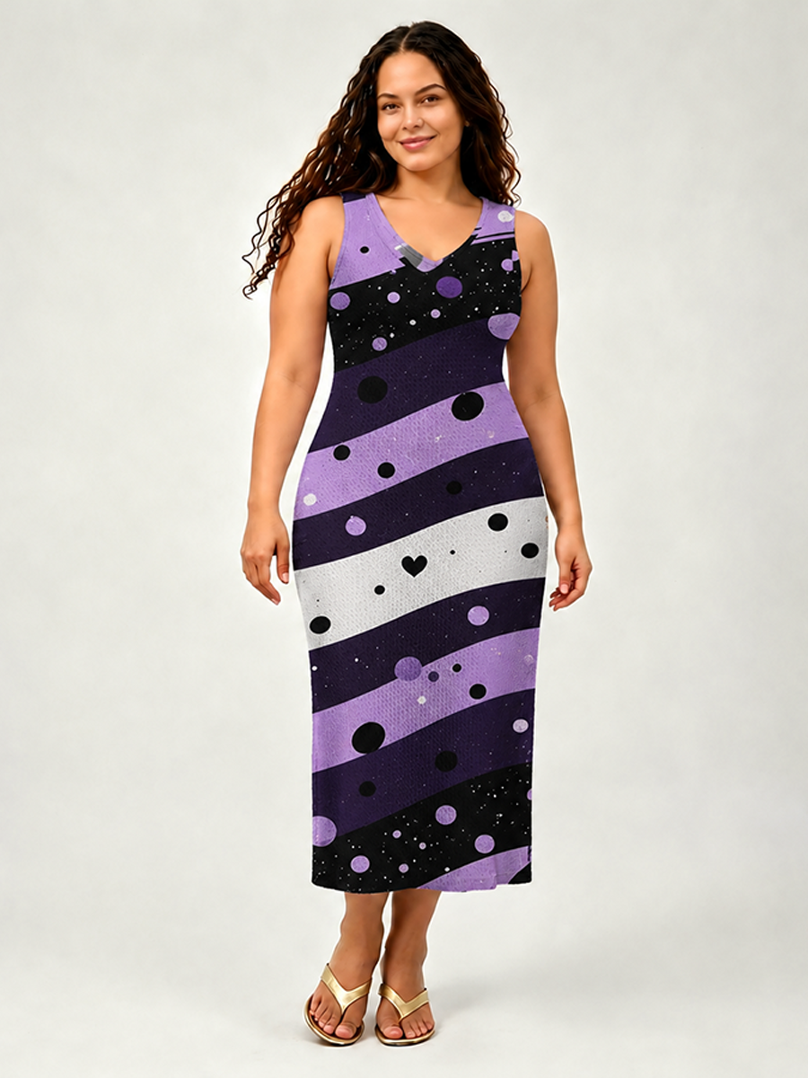 Dark Wavy Stripe Heart Open Stitch Midi Dress