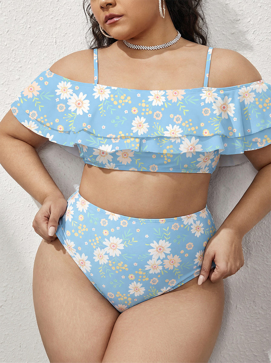 Vintage Blue And White Flower Two Piece Ruffled Tankini Swimsuit