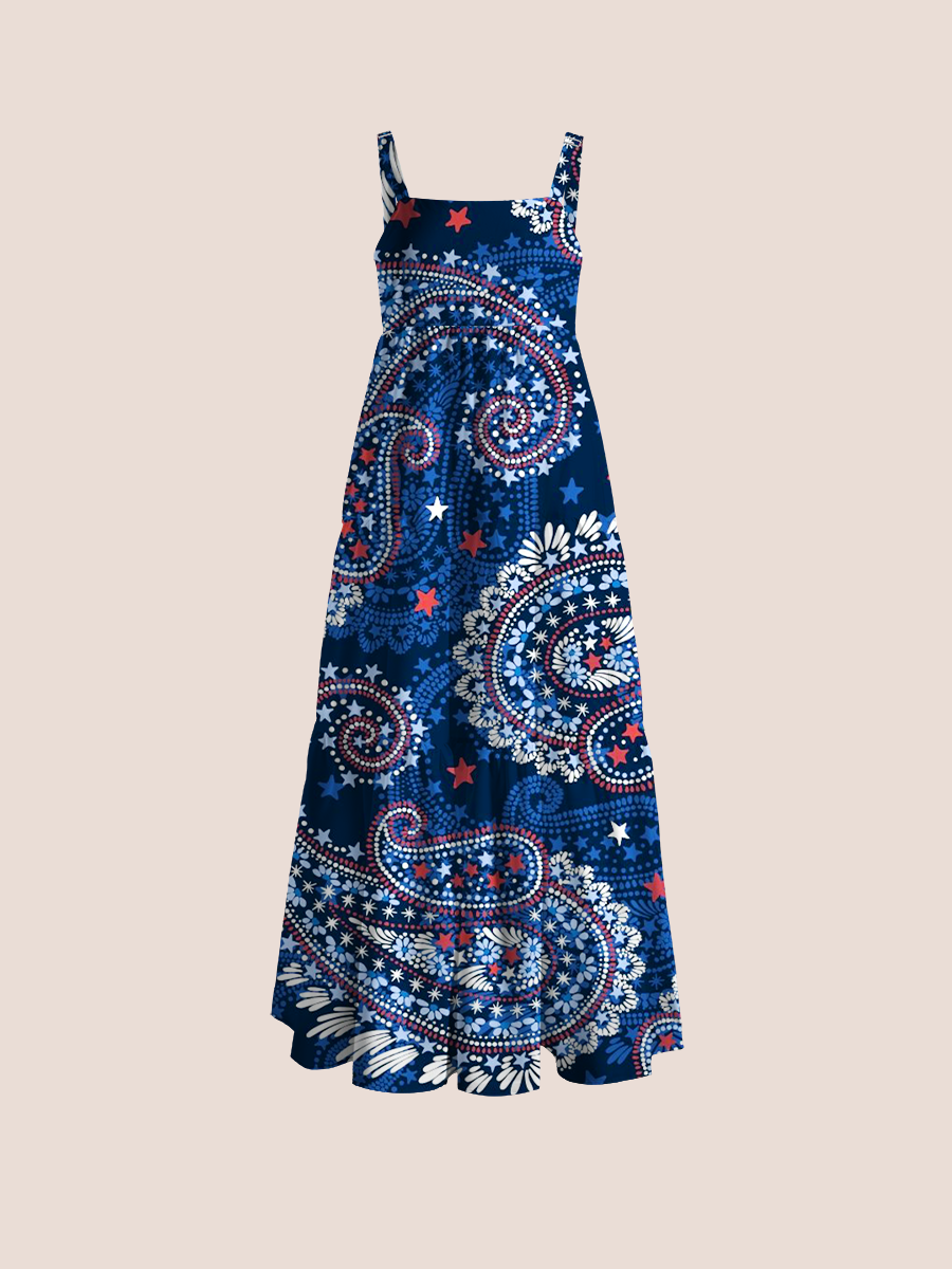 Vintage American Paisley Adjustable Wide Straps Maxi Dress