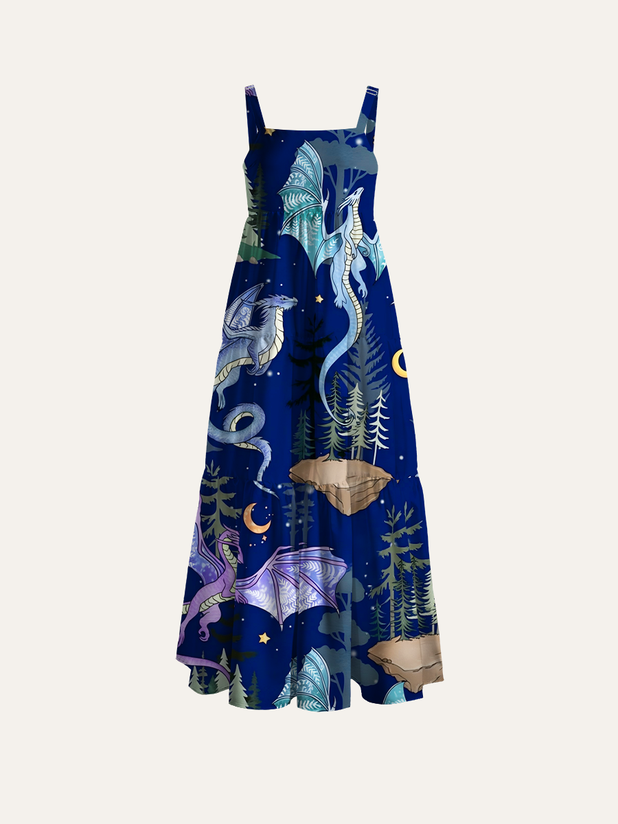  Whimsical watercolor dragons Adjustable Wide Straps Maxi Dress