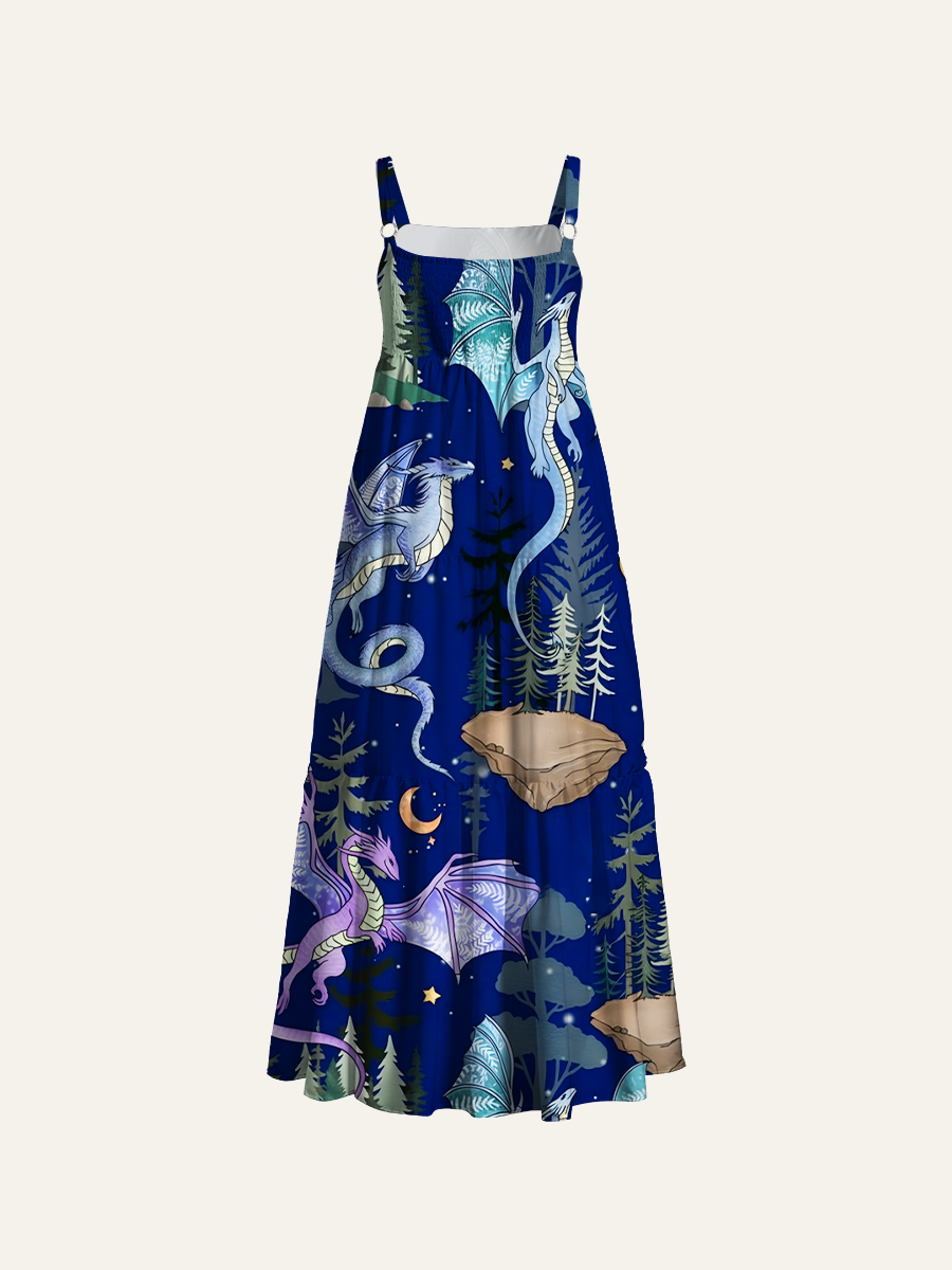  Whimsical watercolor dragons Adjustable Wide Straps Maxi Dress